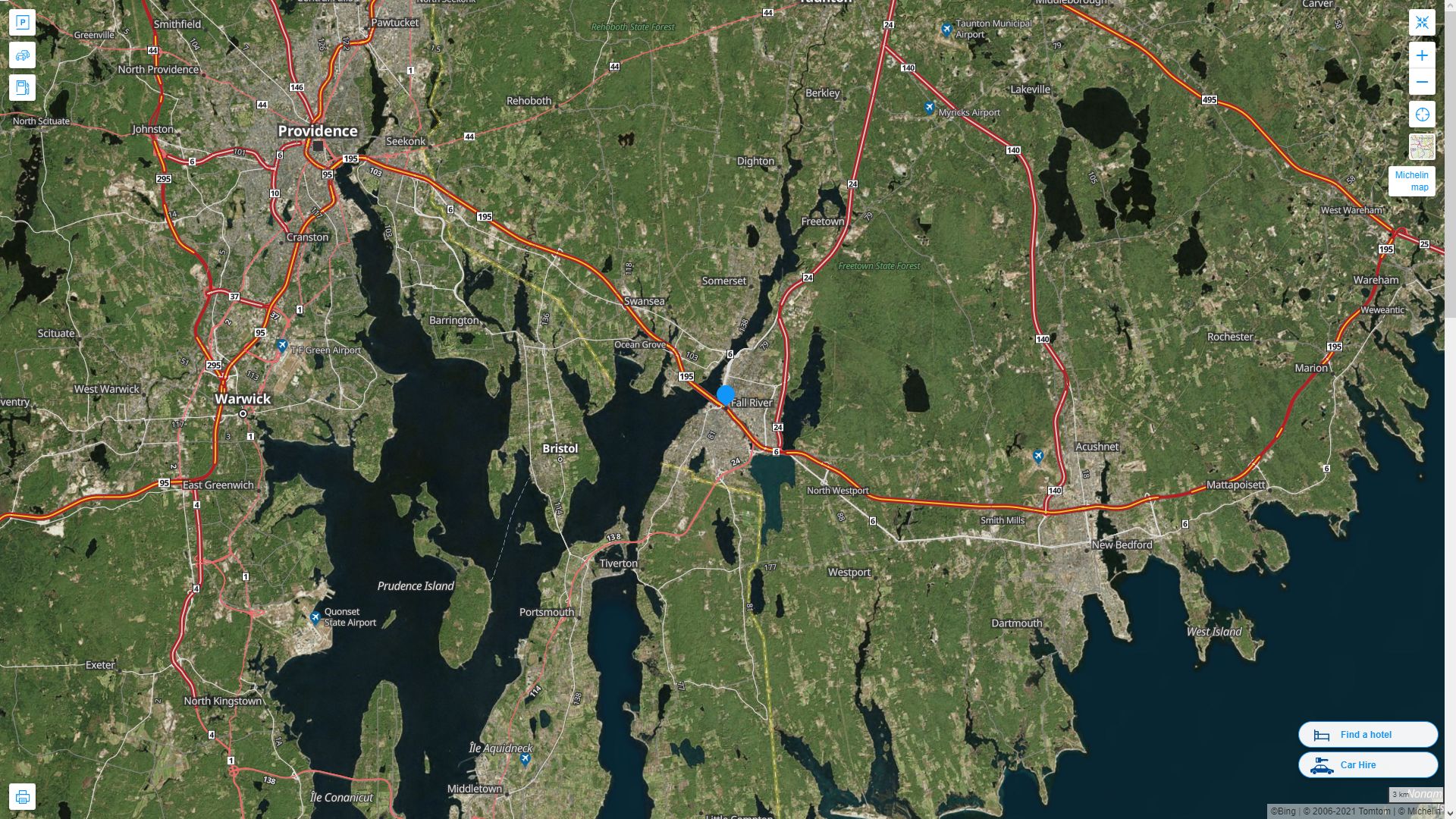Fall River Massachusetts Highway and Road Map with Satellite View